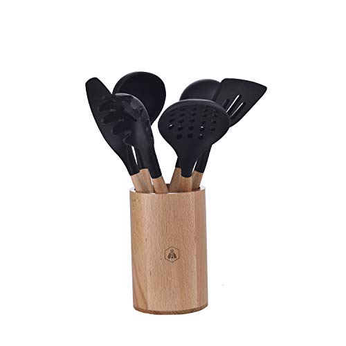 LAGUIOLE 5 x Ustensiles de Cuisine - Écumoire, Louche, Spatule, Pinceau à badigeonner, Cuillère à spaghetti, Friture, Sauce- Antiadhésif- Noir - Silicone - Bois clair im Sale