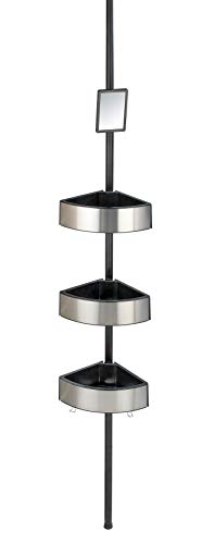 WENKO Telescopic Shower Corner Premium Big Black, extendable bathroom shelf with 3 shelves, 2 hooks &amp; mirror, rust-proof shower shelf made of solid aluminum and plastic, 27.5 x 70-260 x 20 cm, silver/black on sale