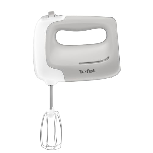Tefal Prep'Mix HT450B Hand Mixer | 450 W | 5 Speeds | 2 Whisks and 2 Dough Hooks Made of Stainless Steel | Ergonomic Design | Dishwasher-Safe Accessories, White/Gray on Sale