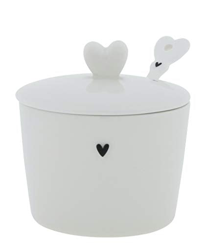 BC Zuckerdose little Heart mit Löffel Keramik weiss schwarz Keramikgeschirr Sugar Bowl Küche gedeckter Tisch im Sale