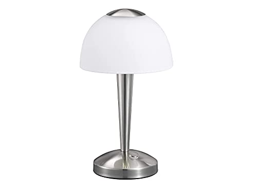 Trio Leuchten LED-Tischleuchte in Nickel matt, Glas weiß satiniert, Touche-Dimmer mit 3 Helligkeitsstufen, inklusive 1 x 5W LED, Höhe - 28 cm 529990107 im Sale
