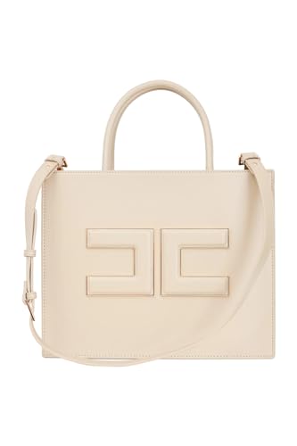 Elisabetta Franchi Mittlere Einkaufstasche mit Logoplakette, sand im Sale
