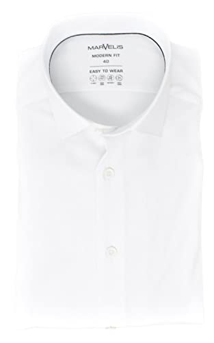 Marvelis Herren Easy to Wear Hemd Modern Fit Kent Kragen Langarm Stretch Einfarbig Weiß, Kragenweite:39 im Sale