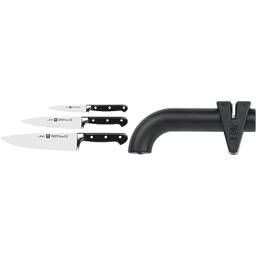 Zwilling Professional Knife Set, 3-piece, Stainless Special Steel/Plastic Handle with Rivets, Black &amp; Twinsharp Knife Sharpener for Coarse and Fine Grinding on Sale