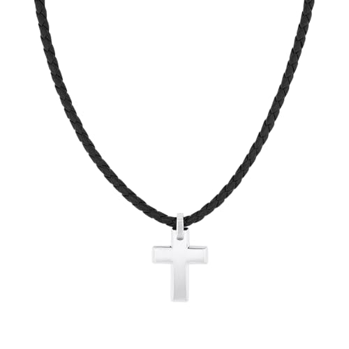 s.Oliver Kette mit Anhänger Edelstahl Leder Herren Halsschmuck, 47+3 cm, Silber, Kreuz, Kommt in Schmuck Geschenk Box, 2015064 im Sale