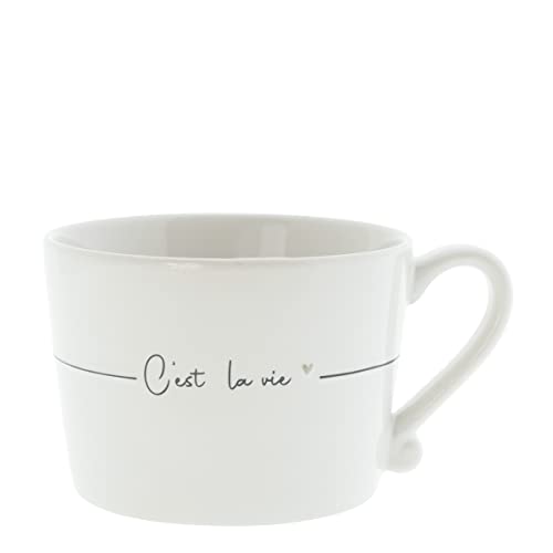 Bastion Collections Becher mit Henkel C'est la vie Keramikbecher weiss schwarz Keramikgeschirr BC Cup gedeckter Tisch Geschirr, RJ/CUP 078 BL