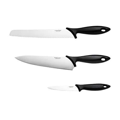 Fiskars Starter-Set, 3-teiliges Messer-Set, Kochmesser, Brotmesser, Schälmesser (Klingenlängen: 20 cm, 23 cm, 11 cm), Essential, Edelstahl / PP-Kunststoff, Schwarz, 1065583 im Sale