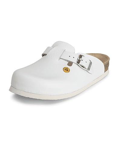 VITAFORM ESD Clogs Damen und Herren Leder, ableitfähige Arbeitsschuhe für Medizin, Elektrotechnik oder Fabriken, Antistatische Schuhe mit guter Passform, rutschfeste Eva Sohle, Weiß 45 im Sale