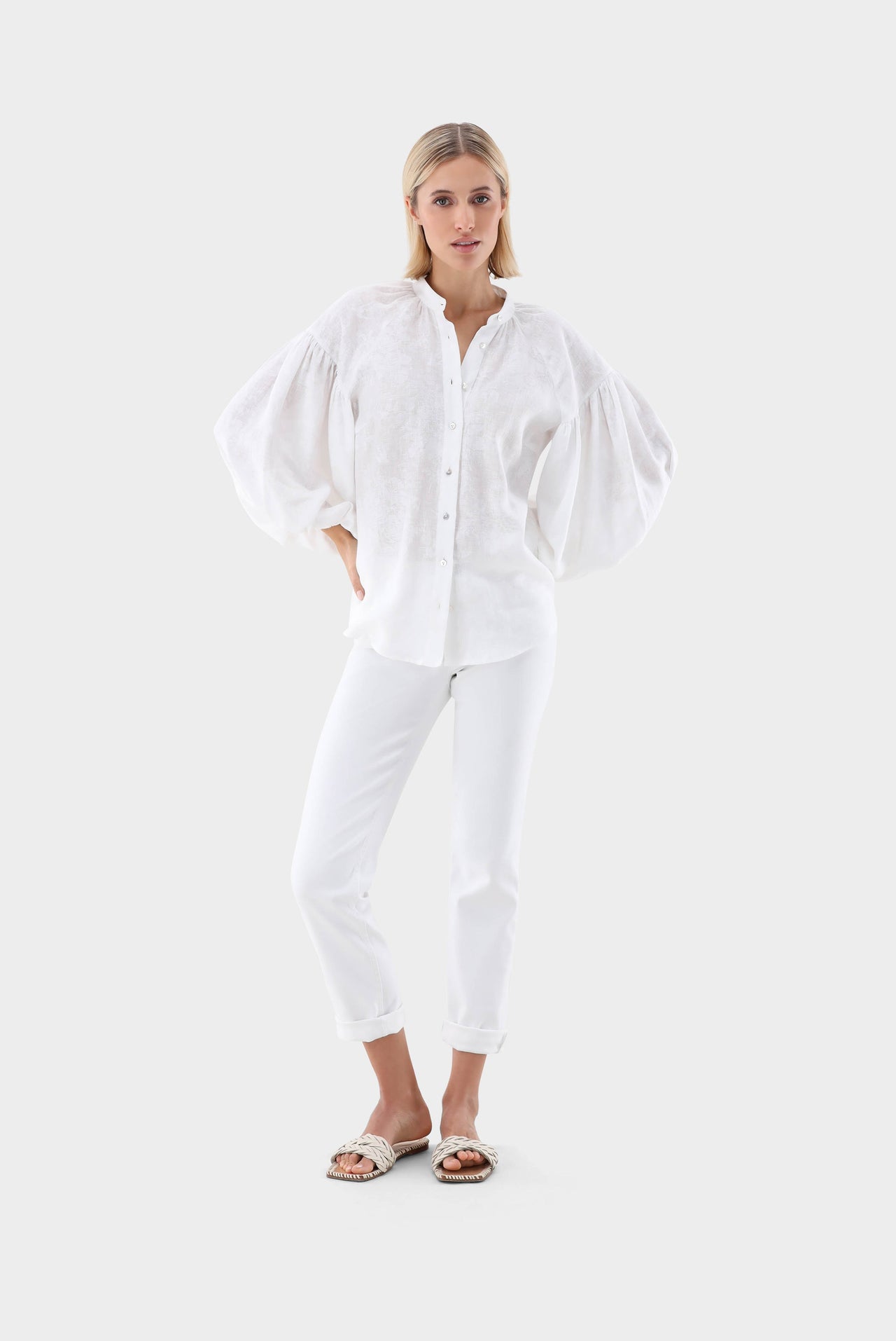 Van Laack stand-up collar blouse with blouson sleeves and print on sale