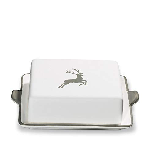 GMUNDNER KERAMIK butter dish size: l= 20.5 cm xw= 14.5 cm xh= 5.7 cm grey deer tableware, handmade in Austria on sale