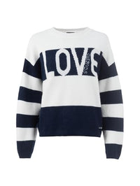 Thumbnail for s'questo Knit 1/1 Sweater, Modern Stripes, Blue, Navy Lettering Soquesto Collection Love Letters on Sale