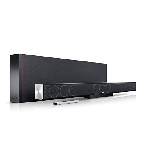 Teufel CINEBAR TRIOS 3.1 Set - Soundbar with wireless flat subwoofer, aluminum housing, Dolby Audio, NFC, Bluetooth aptX, HDMI 3D ARC CEC‌ - Titanium on sale