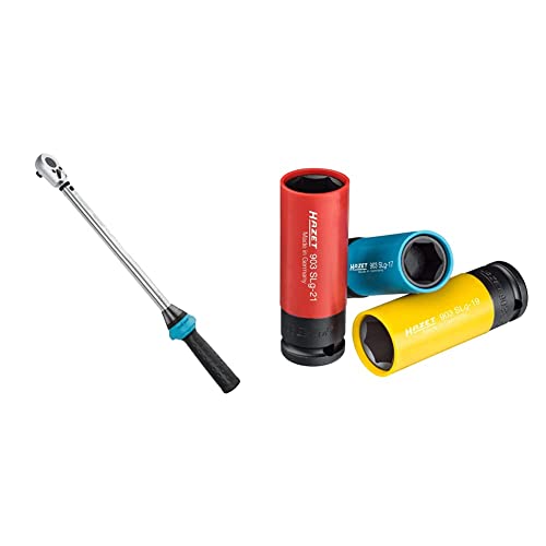 Hazet torque wrench 1/2 inch 5122-2CT | 519 mm &amp; socket wrench set 903SPC/3 | 12.5 mm square drive (1/2 inch), 17/19/21 mm wrench size, with plastic sleeve on sale