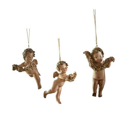 Loberon Engel 3er Set Calne, von Hand bemalt, zuckersüße Engel im Nostalgie-Look, Christbaumschmuck, Weihnachtsdekoration, Polyresin, Polyester, braun im Sale