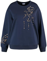 Thumbnail for Samoon Damen Sweatshirt mit Glitzersteinen Langarm, Ärmelbündchen, überschnittene Schultern unifarben Dark Lake Blue 50 im Sale