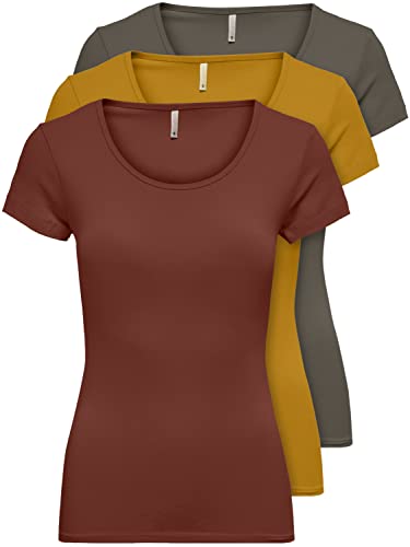 ONLY 3er Pack Damen T-Shirt schwarz oder weiß Kurzarm lang Basic Sommer T-Shirts  15209153 (Farb Mix 6, M) im Sale