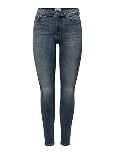 ONLY Damen Skinny Fit Jeans | Normal Waist Denim Stretch Hose | Bleached Used Design ONLWAUW, Farben:Dunkelblau, im Sale