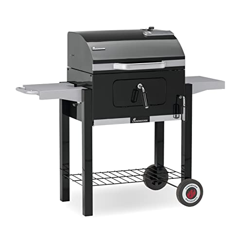 LANDMANN Dorado Charcoal Grill | Double-walled lid with temperature display | Cast-iron enameled cooking grate &amp; perforated charcoal tray | Large warming rack &amp; 2 side tables [Black] on sale