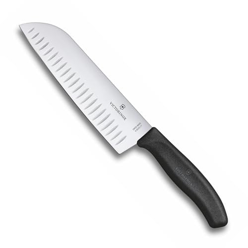 Victorinox Swiss Classic, Profi Santokumesser, Extra Scharfe Klinge, Kullenschliff, 17 cm, Kunststoffgriff, Rostfreier Stahl, Schwarz im Sale