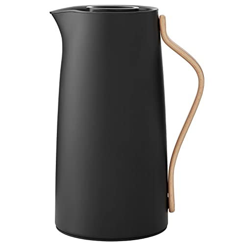 Stelton Emma Insulated Coffee Jug - Stainless steel thermal insert, double-walled insulation - Thermos flask/coffee pot/teapot with beechwood handle, easy-click lid - 1.2 liters, glossy finish, matte black on sale