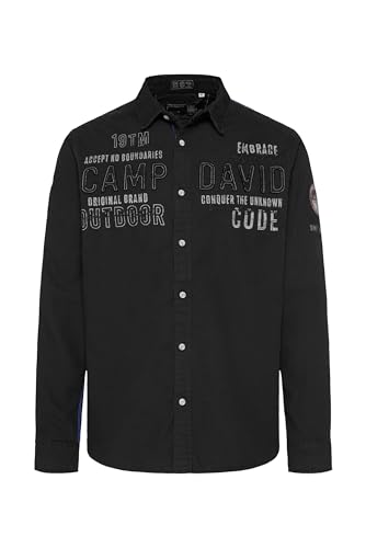 Camp David Herren Strukturiertes Langarmhemd mit Logo Artworks Deep Forest im Sale