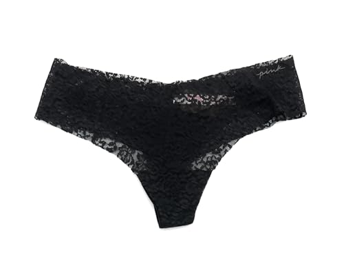 Victoria's Secret Pink Damen Stringtanga mit flacher Spitze, Schwarz, Schwarz, im Sale