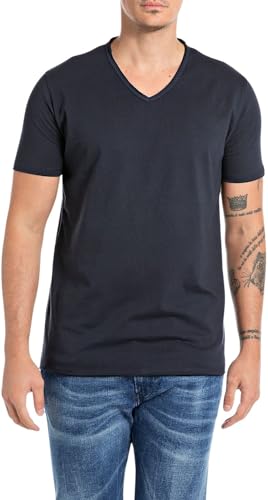 Replay Herren T-Shirt Kurzarm mit V-Ausschnitt, Blau (Night Blue... 067), im Sale
