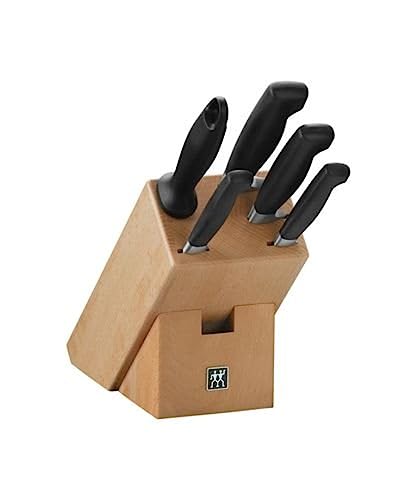 ZWILLING Four Star Knife Block, 6-piece, Beechwood Block, Knife and Sharpening Rod, Stainless Special Steel/Ergonomic Plastic Handle, Black [Made in Germany] on Sale