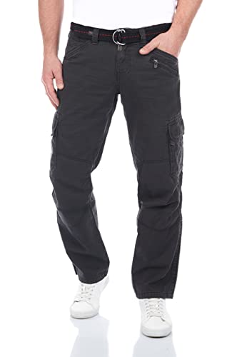 Timezone Herren Cargo Jeans Hose BenitoTZ Loose Fit Cargohose Stoffgürtel 100% Baumwolle Basic Taschen Beige w28 w29 w30 w31 w32 w33 w34 w36 w38 w40, Farbe:Dark Grey (9889), im Sale