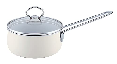 Riess, 0730-011, Stielkasserolle mit Glasdeckel, NOUVELLE- AVORIO EXTRA STARK, Durchmessser 16 cm, Höhe 14 cm, Inhalt 1 Liter, Emaille, Induktion im Sale