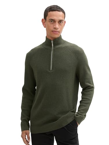 TOM TAILOR Herren Troyer Strickpullover aus Baumwolle, 36230 - Rosin Green Melange, im Sale
