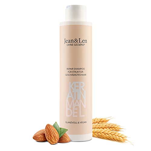 Jean &amp; Len Repair Shampoo Keratin &amp; Almond, for structurally damaged and unruly hair, tames frizz, for healthier-looking hair, without parabens &amp; silicones, vegan, 300 ml on sale