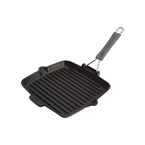 STAUB Gusseisen Grillpfanne mit Silikongriff, Induktionsgeeignet, Quadratisch 24 cm, Schwarz im Sale