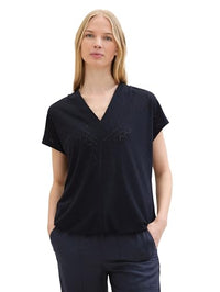 Thumbnail for TOM TAILOR Damen Basic Blusen-Shirt mit Lochstickerei-Details, sky captain blue, im Sale