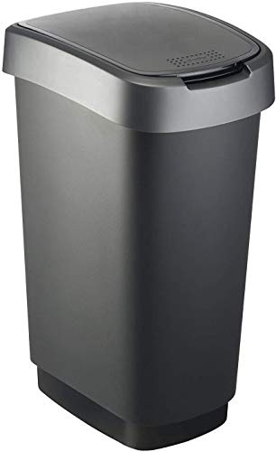 Rotho Twist waste bin 50l with lid, can be used as a swing or hinged lid, plastic (PP) BPA-free, black/silver, 50l (40.1 x 29.8 x 60.2 cm) on sale