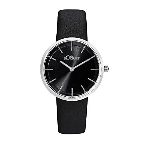 s.Oliver Armbanduhr Damen Quarzuhr Analog, mit Leder Armband, Schwarz, 5 bar Wasserdicht, Kommt in Uhren Geschenk Box, 2033557 im Sale