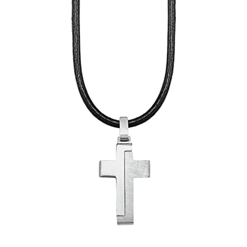 s.Oliver Kette mit Anhänger Edelstahl Leder Jungen Kinder Halsschmuck, 40+3 cm, Silber, Kreuz, Kommt in Schmuck Geschenk Box, im Sale