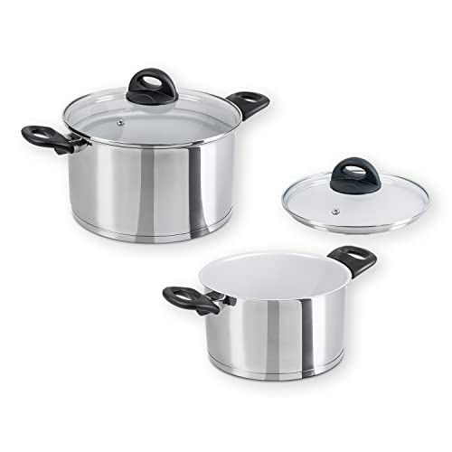 Genius Cerafit Steel Kochtopf-Set 20cm (3,6l) + 24cm (6l) mit Glasdeckel - Edelstahl-Topf beschichtet | Nudeltopf für alle Herdarten & Induktion | Sandwichboden mit Aluminiumkern im Sale