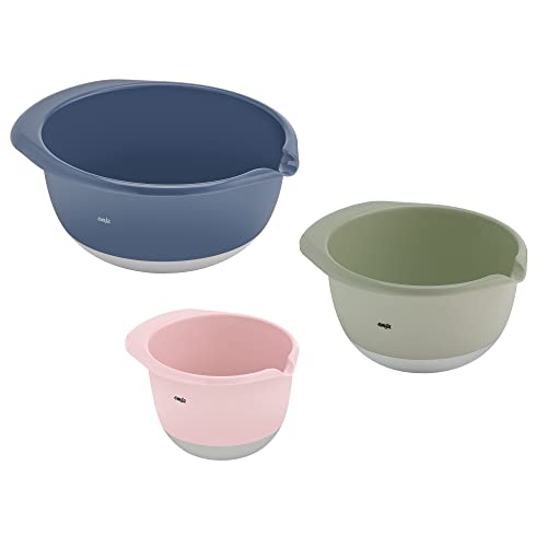 Emsa Prep&Bake 3-teiliges Rührschüssel-Set aus Kunststoff, 1,4 + 2,8 + 4,7 Liter, Rutschfester Boden, Stapelbar, mit praktischem Griffrand, K324S334, Rosa/Grün/Blau im Sale