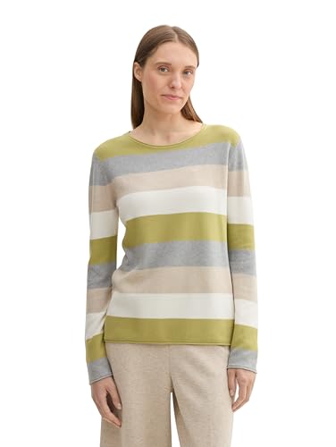 TOM TAILOR Damen Strickpullover mit Rundhals, 37067 - Green Block Stripe, im Sale