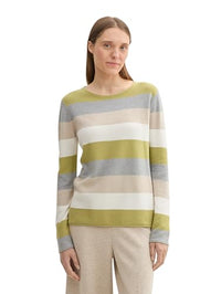 Thumbnail for TOM TAILOR Damen Strickpullover mit Rundhals, 37067 - Green Block Stripe, im Sale