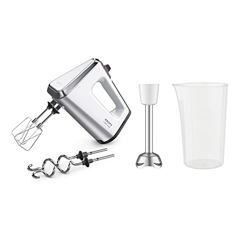 Krups GN9121 3 Mix 9000 Handmixer | 750 Watt | Geschwindigkeitsregler | Turbomodus | Auswurffunktion | ergonomischer Griff | inkl. Schneebesen, Knethaken, Pürierstab-Aufsatz, Messbecher | Weiß/Silber im Sale