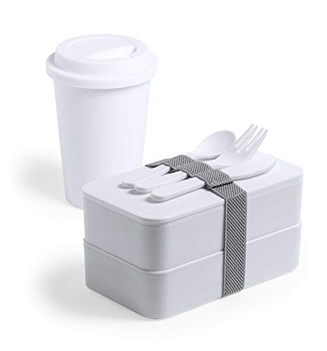 Linea Nature Brotdose aus Polypropylen, antibakteriell, 1200 ml + 450 ml, gemäß ISO 22196, mit Gabel, Messer, Löffel und Tasse mit Deckel im Sale