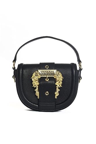 Versace JEANS COUTURE handbag with an oval design, Baroque buckle, flap closure, and detachable shoulder strap. Interior in fabric with all-over logo, zip pocket, and metal plate with logo. On sale.