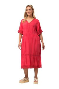 Thumbnail for Ulla Popken Damen Tunika-Midikleid, Spitze, A-Linie, V-Ausschnitt, Halbarm Kleid, pink, 50-52 im Sale