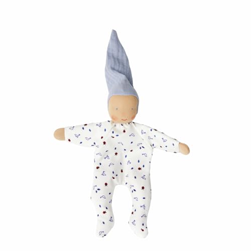 Käthe Kruse Schmusepuppe NINI Morgentau – Handgefertigte Waldorfpuppe mit Hellblauer Zipfelmütze und Anzug mit Vogel-Marienkäfer-Print, 23 cm, Bio-Baumwolle, ab 0 Monate im Sale