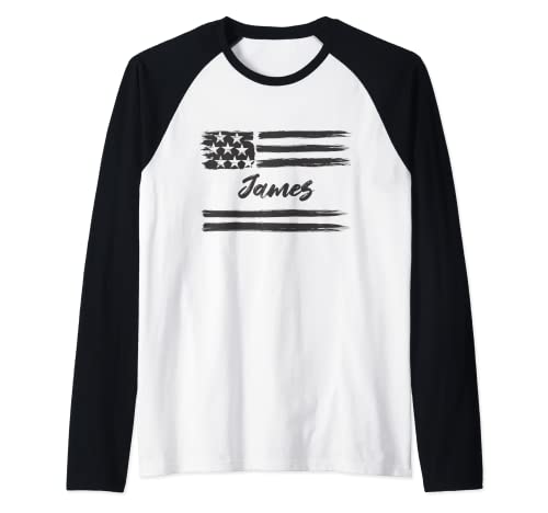 James - Personalized Name, Stars and Stripes USA Flag Raglan Baseball Tee im Sale