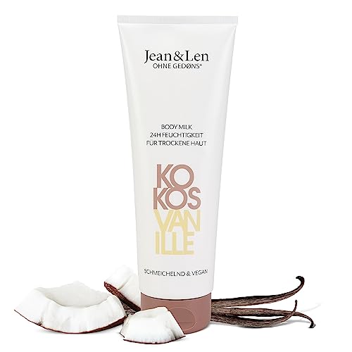 Jean &amp; Len Body Milk Coconut &amp; Vanilla, for dry skin, provides 24-hour moisture, creamy texture, exotic fragrance, body milk, paraben &amp; silicone-free, vegan, 250 ml