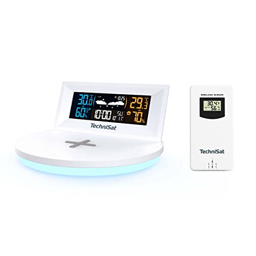 TechniSat IMETEO Q1- Wetterstation mit Außensensor (Messung von Temperatur, Luftfeuchtigkeit, Druck, Wireless Charging, LED Stimmungslicht, Alarm und Snooze-Funktion, USB oder Batteriebetrieb) weiß im Sale