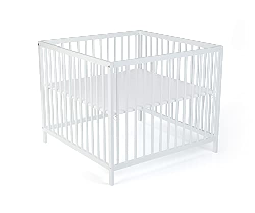 LaWaLu by geuther 2240LW Laufgitter Karl Außenmaße: 95,8 x 95,8 x 80 cm Gitter 3-fach höhenverstellbar gepolsterter Boden 4 Standfüße aus Buchenholz Weiß